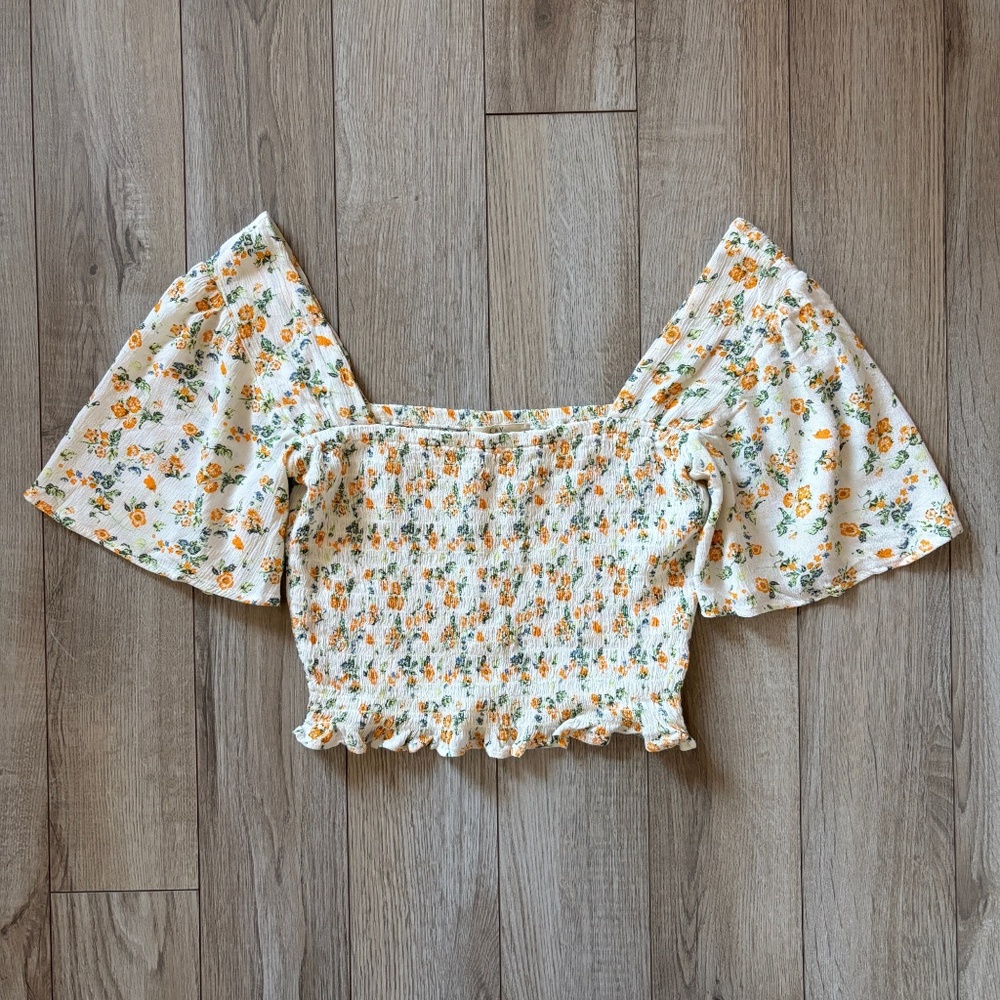 Floral Smocked Off-Shoulder Crop Top - Yellow Floral